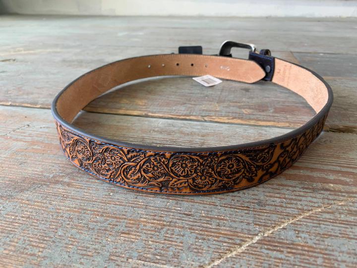 1654BE4 tooled belt with blue stitching