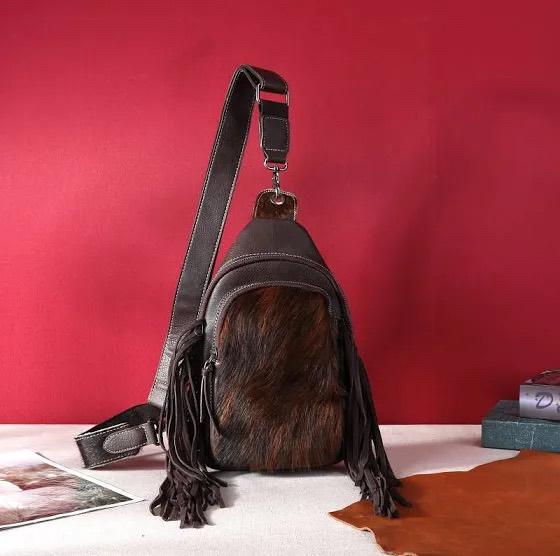 Genuine Hair-On Hide Fringe Sling Bag - Coffee