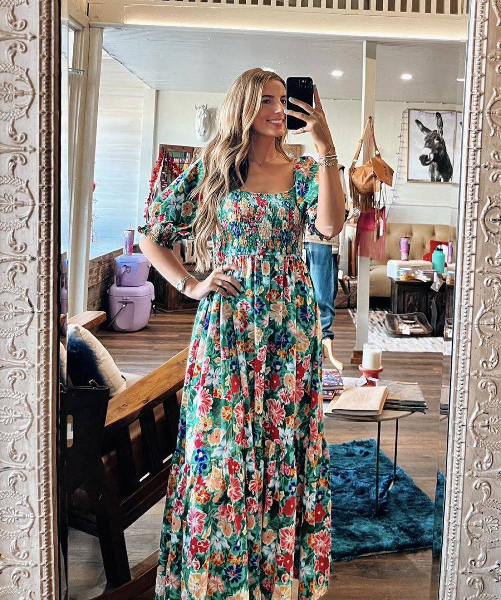 Green Floral Smocked Maxi