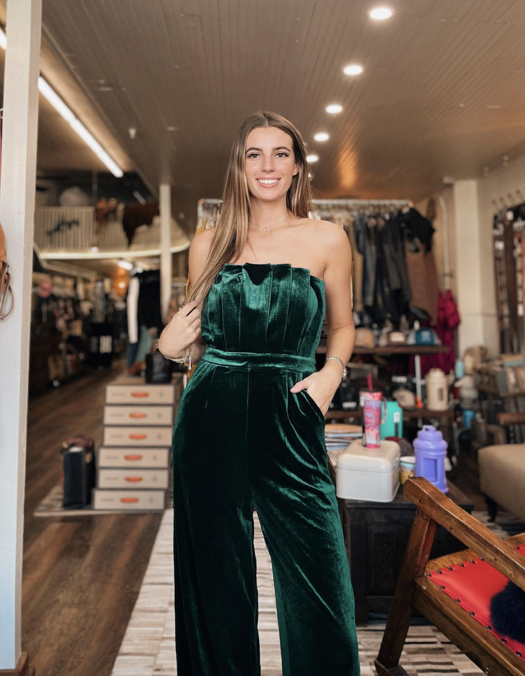Emerald Velvet Strapless Jumpsuit