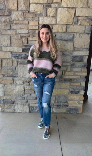 Olive and Pink Stripe Sweater