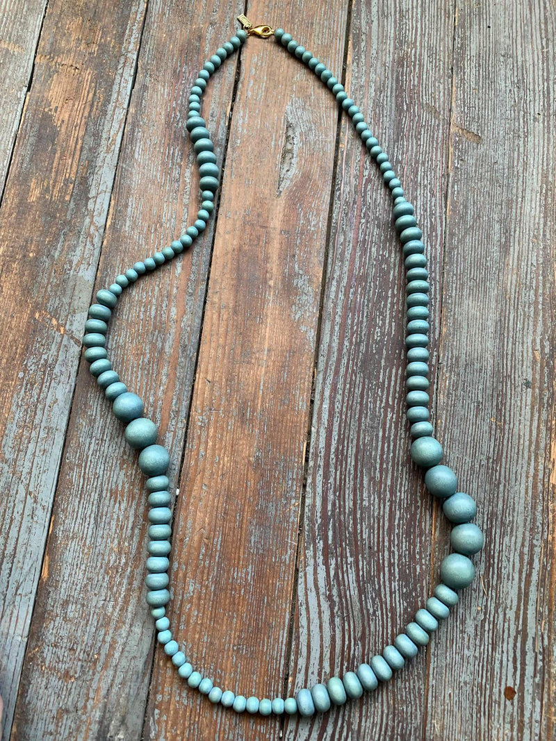 teal wood long single strand necklace 44