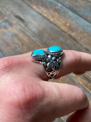 Floral Double Stone Turquoise and Sterling Ring
