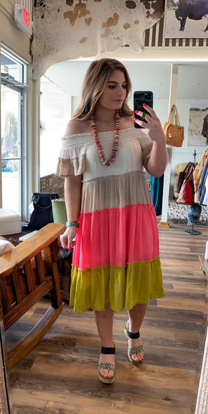 Colorblock Off Shoulder Midi Dress