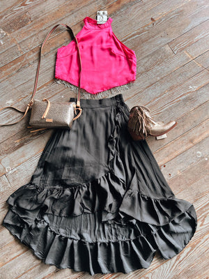 Black Satin Ruffle Skirt