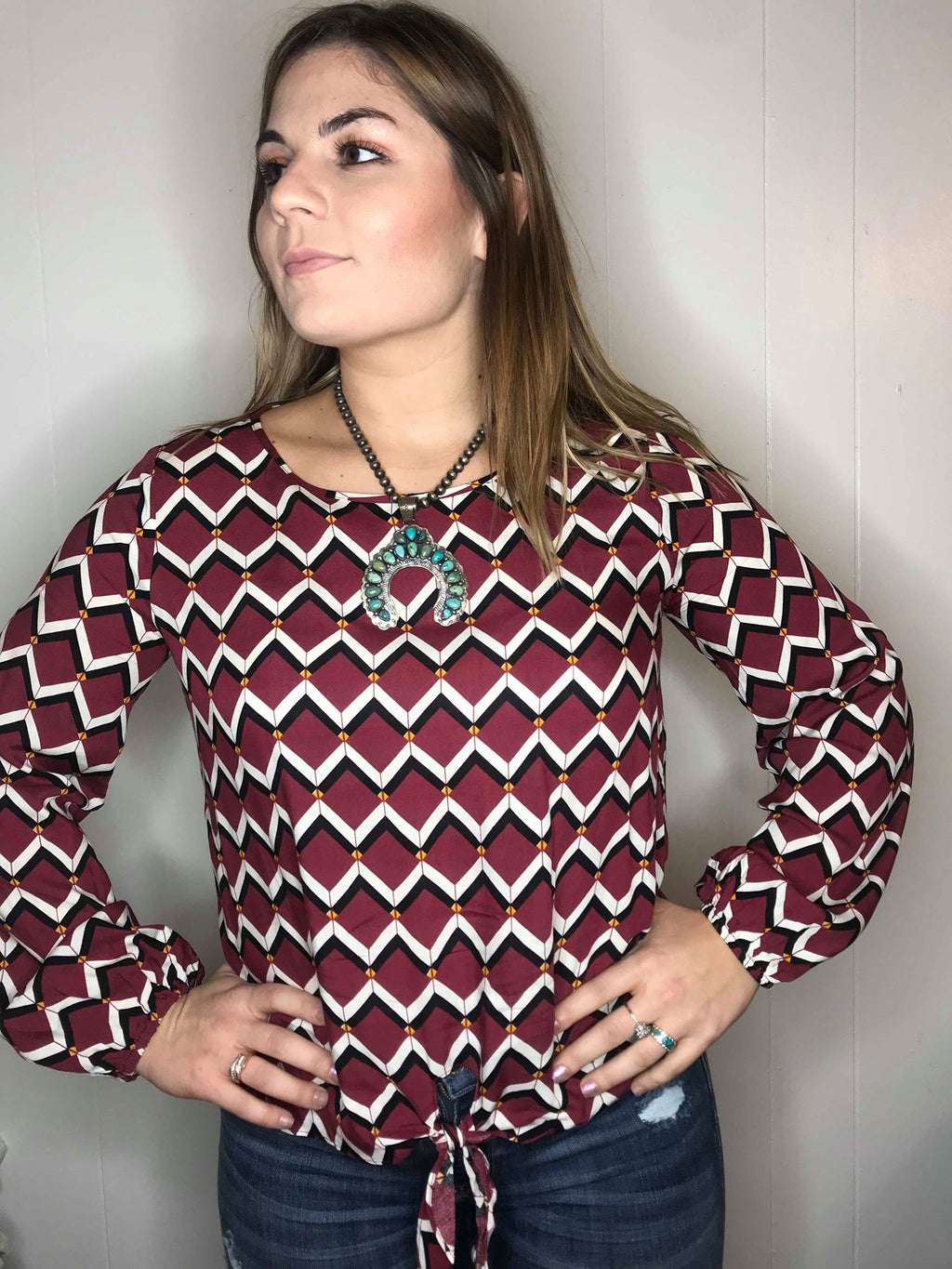 Geometrical Print Long Sleeve Top W/ Front Knot