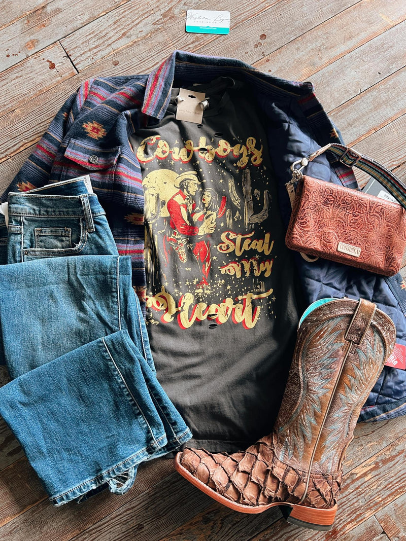 Cowboys Steal My Heart Distressed Tee