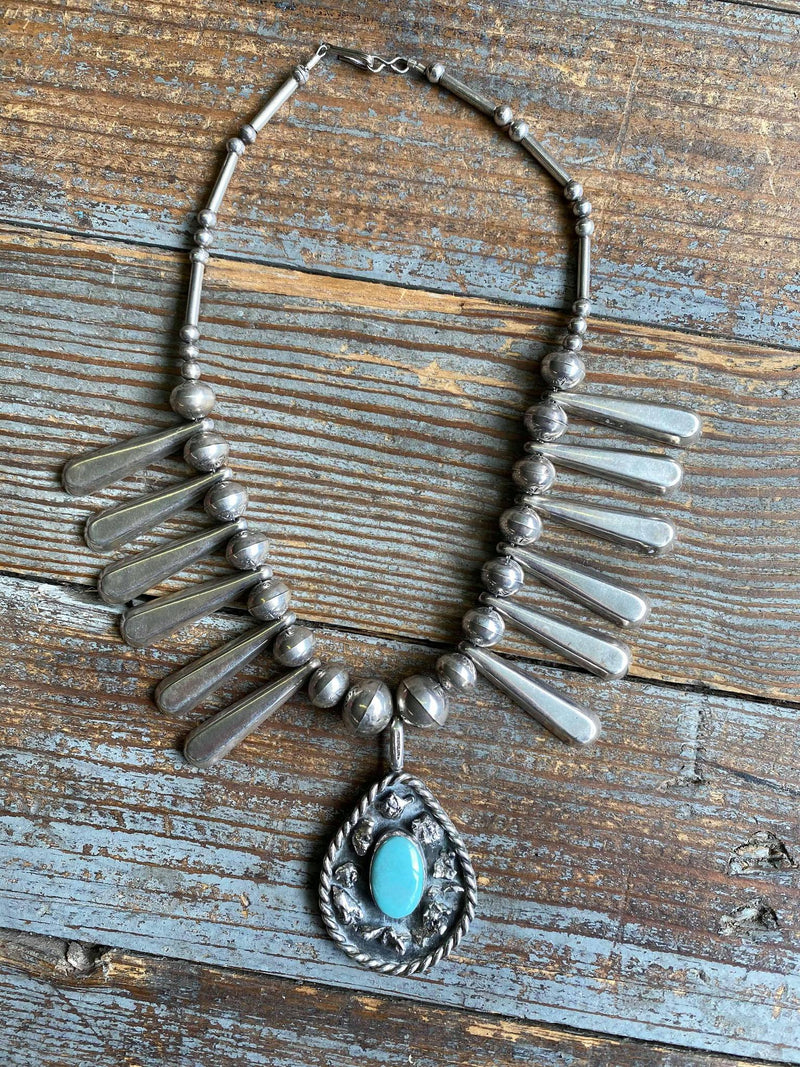Chunky Sterling Silver and Turquoise Squash Necklace