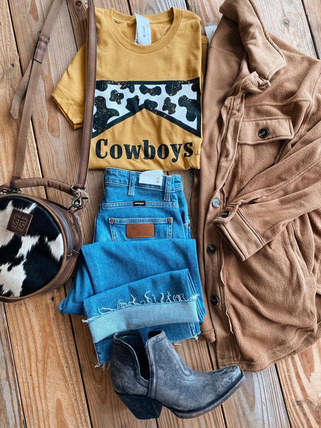 Mustard Cowprint Cowboys T-Shirt