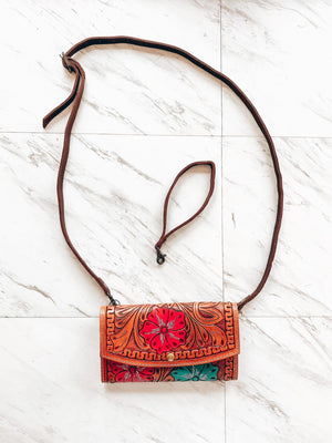 Colorful Floral Tooled Crossbody Wallet