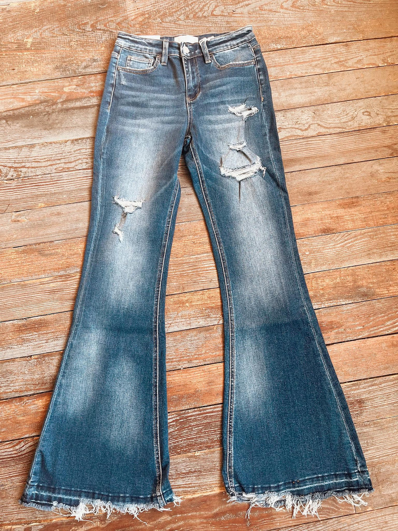 Distressed High Rise Flare Jean