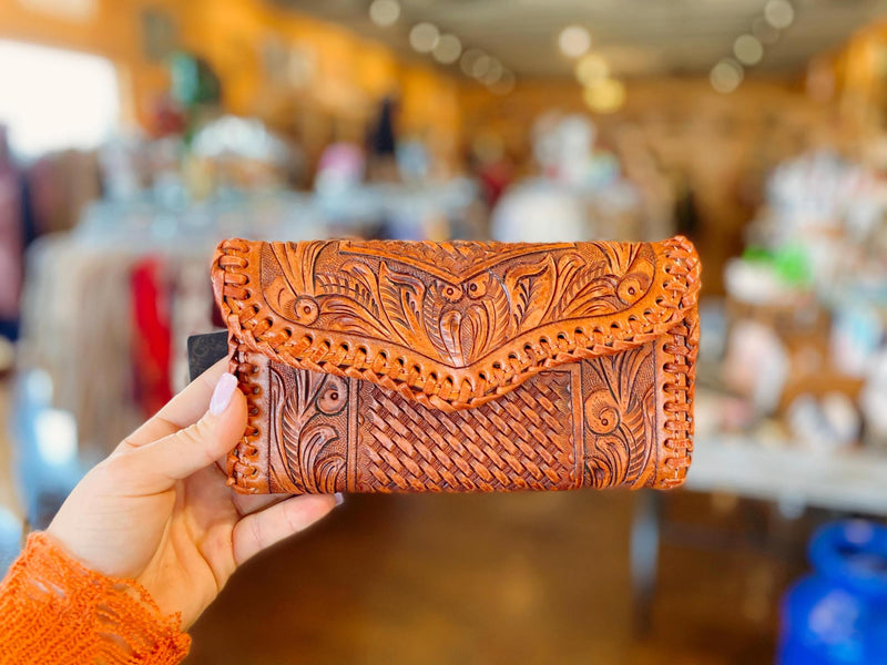 Cognac Tooled Leather Wallet