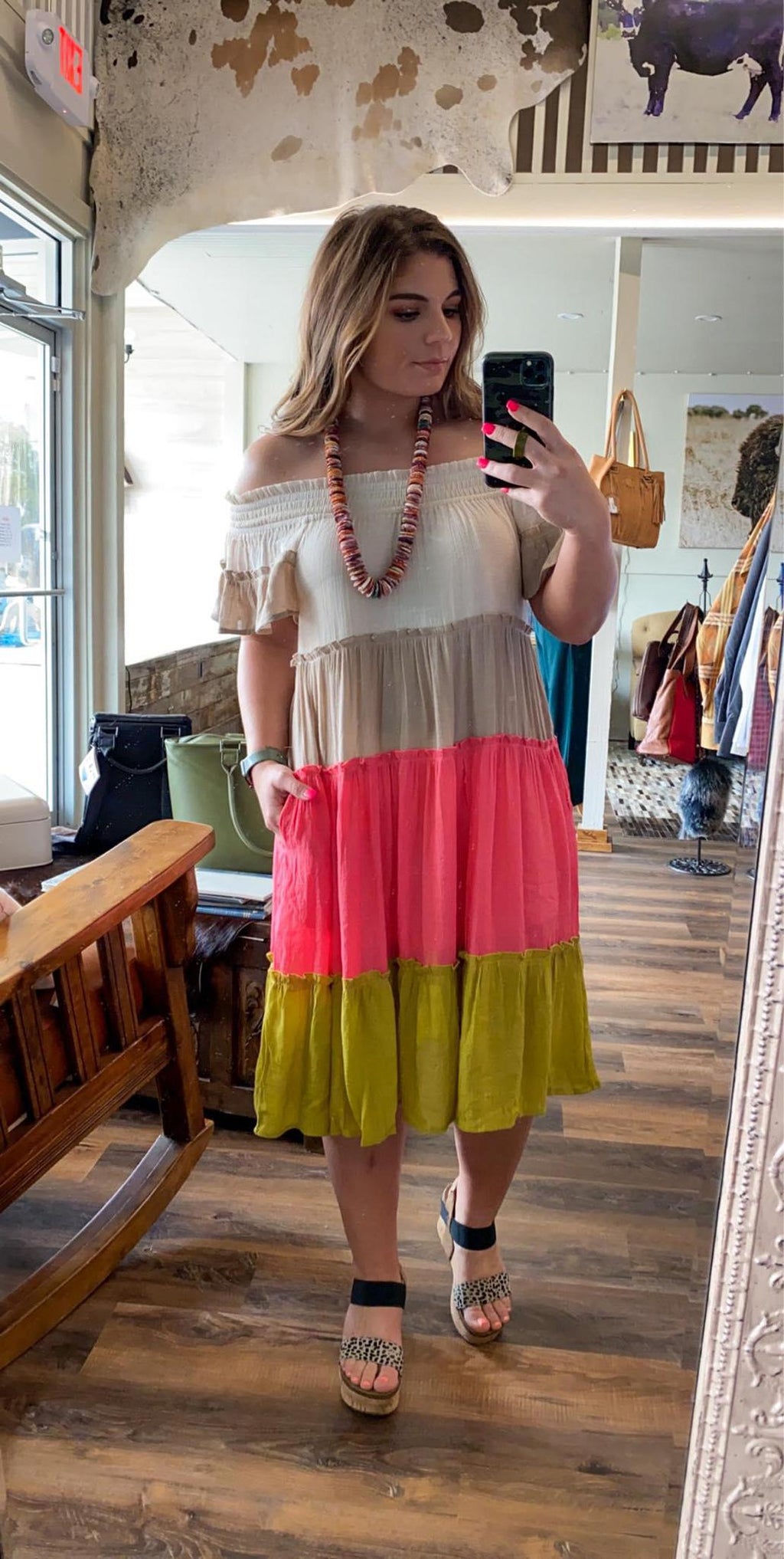 Colorblock Off Shoulder Midi Dress