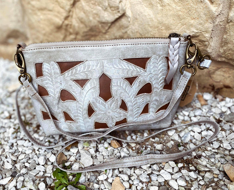 Vaquetta Tooled Crossbody with Inlay- Natural