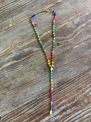 multi color bead and pearl lariat necklace