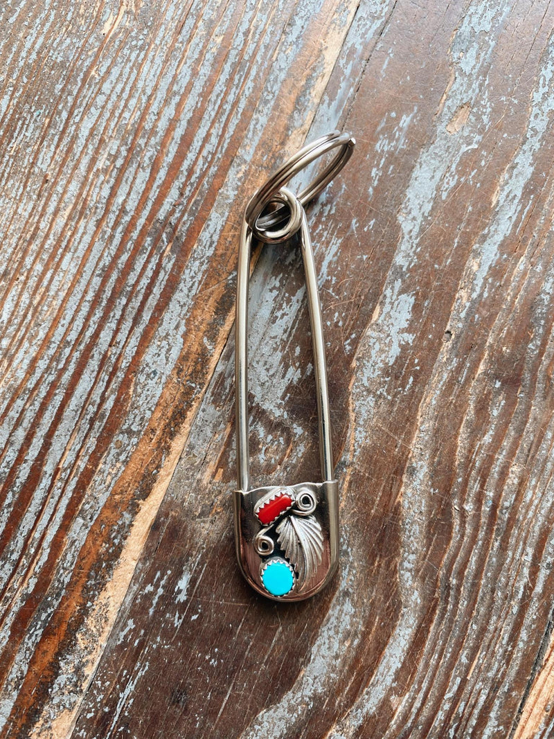 Turquoise and Coral Safety Pin Keychain