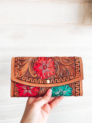 Colorful Floral Tooled Crossbody Wallet
