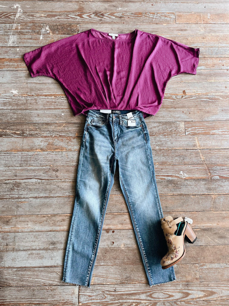 Plum Satin Ruched Top