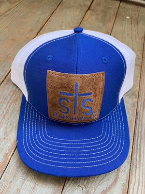 STS royal and white leather patch cap
